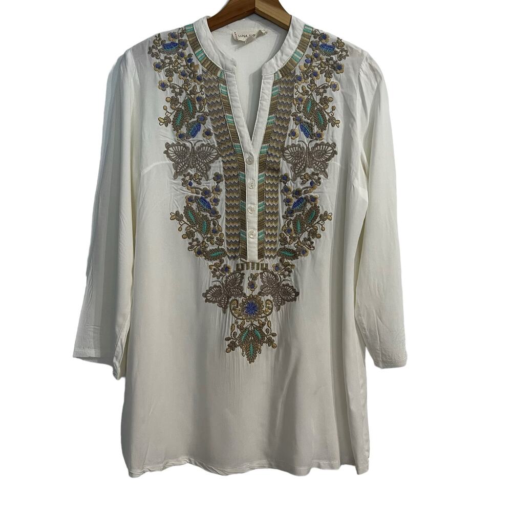 Luna Moon Women's Embroidered Long Tab Sleeve Button Surpice Neck Tunic Top SZ S
